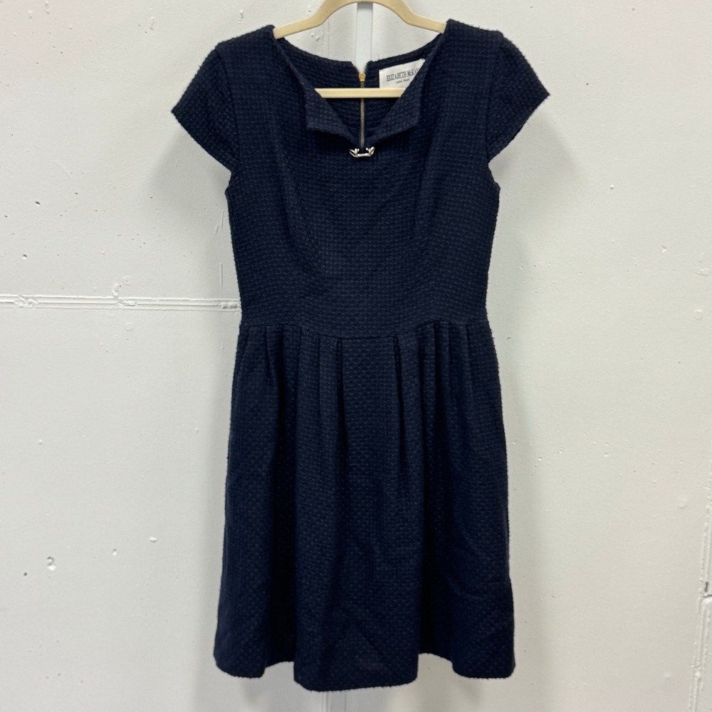 Elizabeth‎ McKay Navy Blue Wool Horsebit Split Neck Fit Flare Dress Size 6